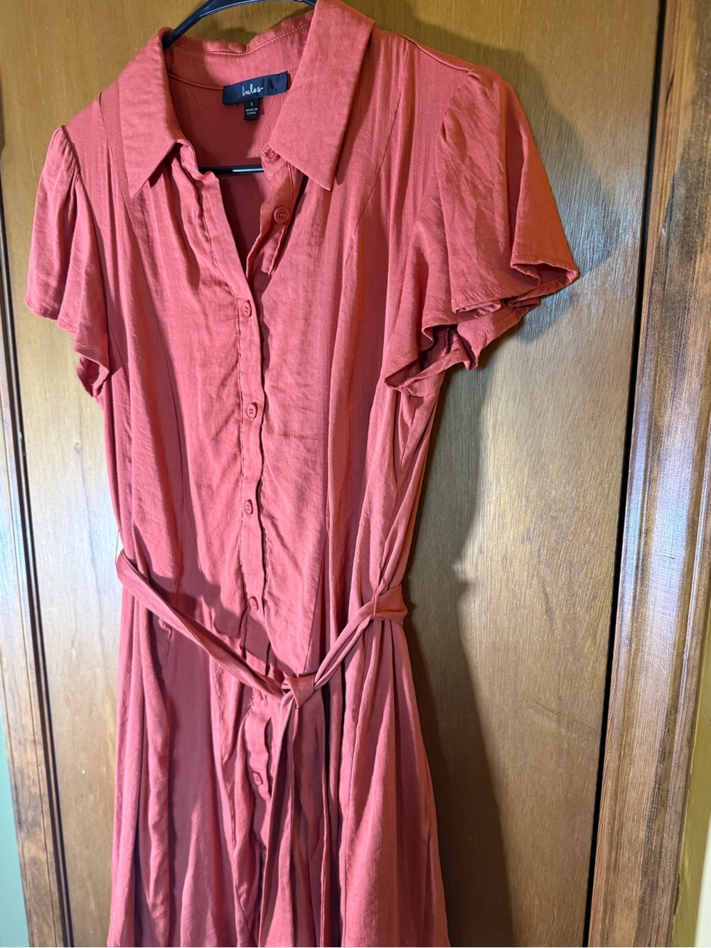 Lulu's Rust-Pink Button-Front Belted Mini Dress - Picture 4 of 6